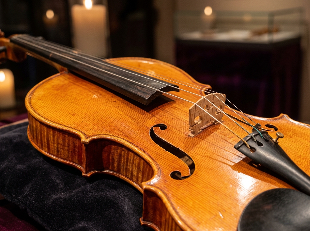 Detalhe do tampo, cavalete e cordas de violino artesanal de mestre