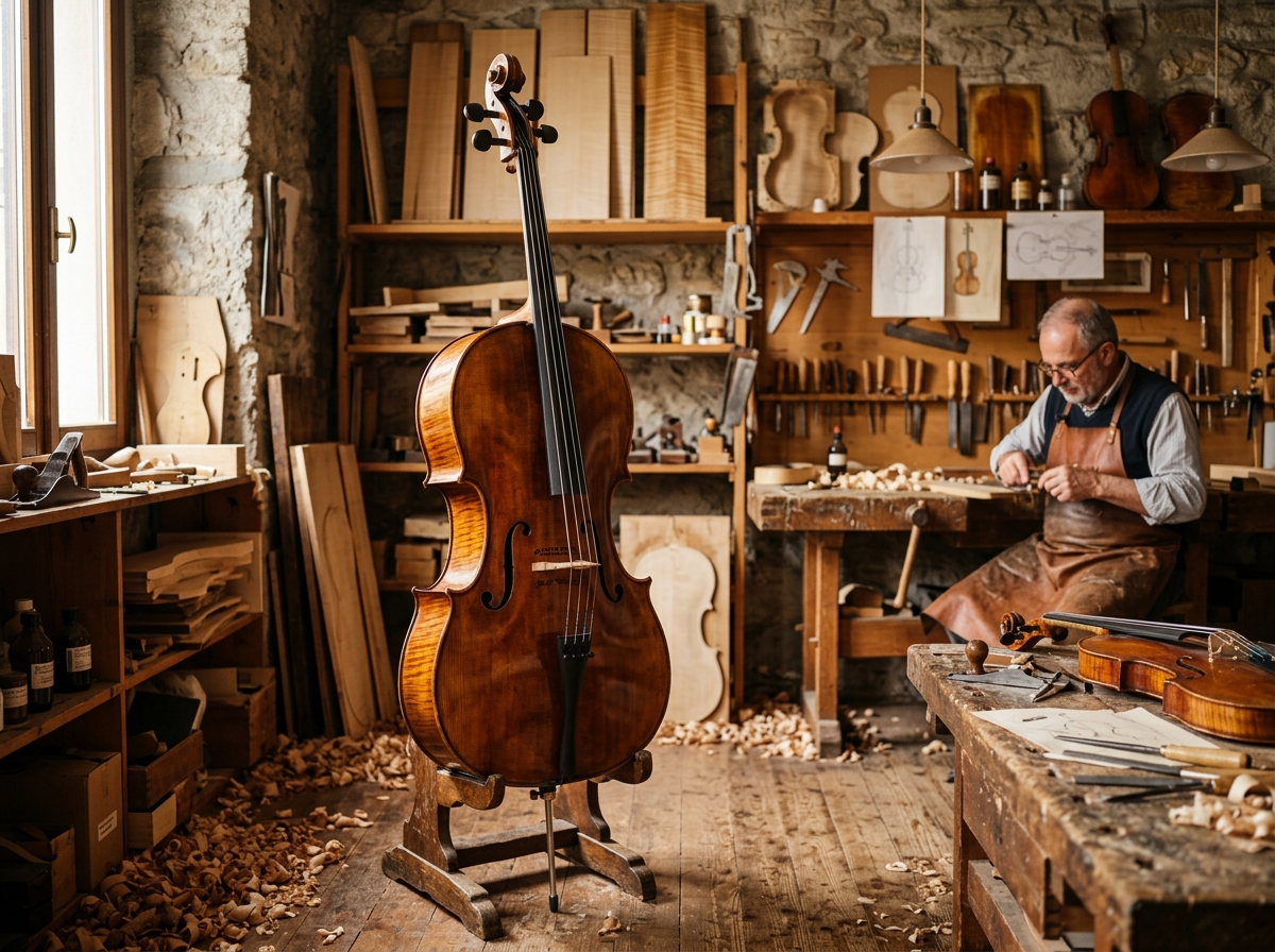 Violoncelo nobre com acabamento artesanal em atelier de lutheria